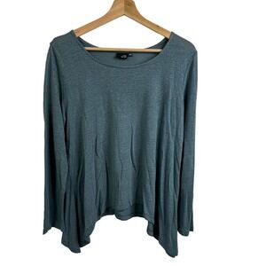 Lisa Bayne Tunic Long sleeve Green Linen Rayon shirt blouse Top Round Neck Sz XS